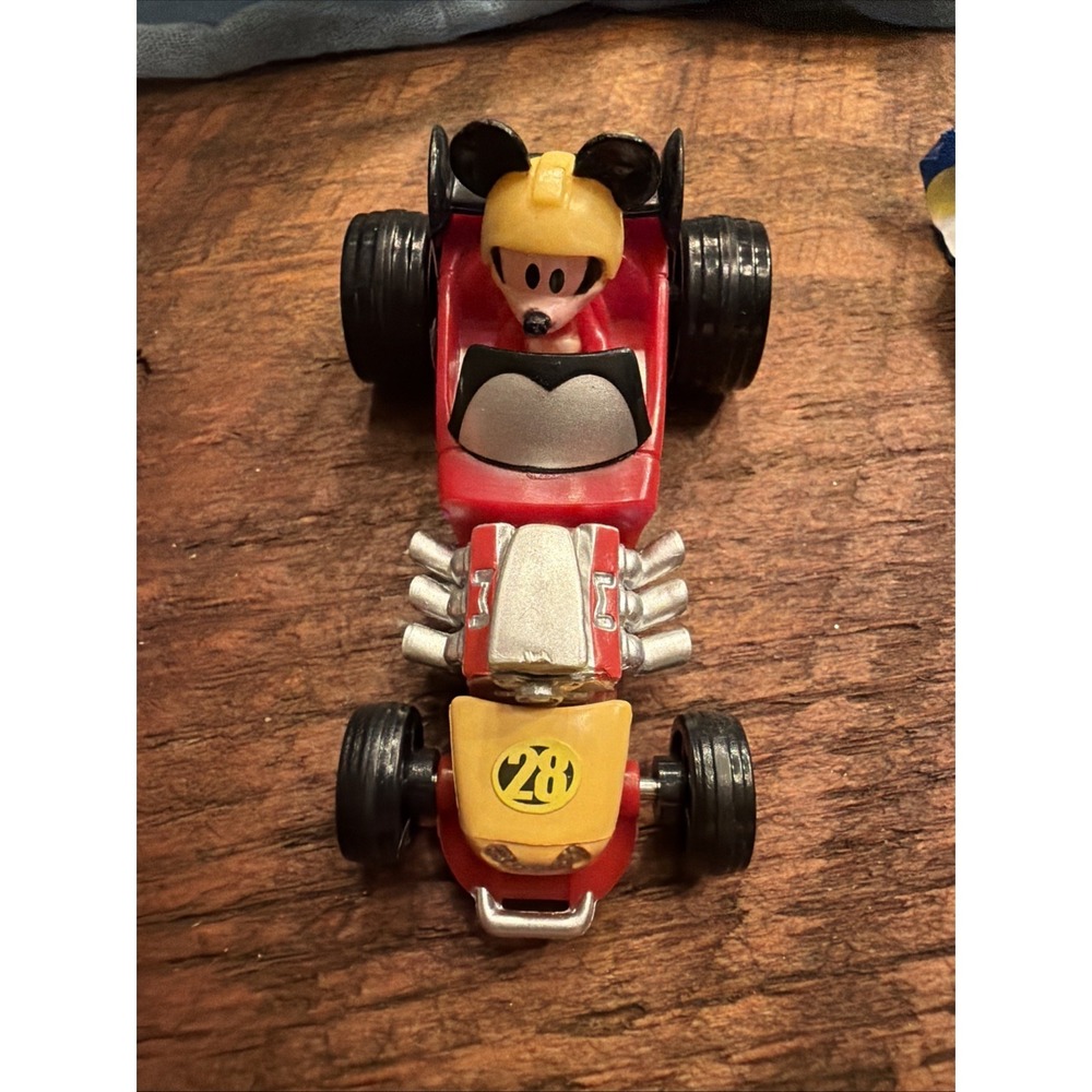 Disney Mickey Mouse 3 Inches Red & Yellow Toy Race Car 28 With Engine Detail